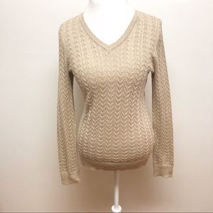 Lauren Scott Tan Gold Cable knit V neck sw…